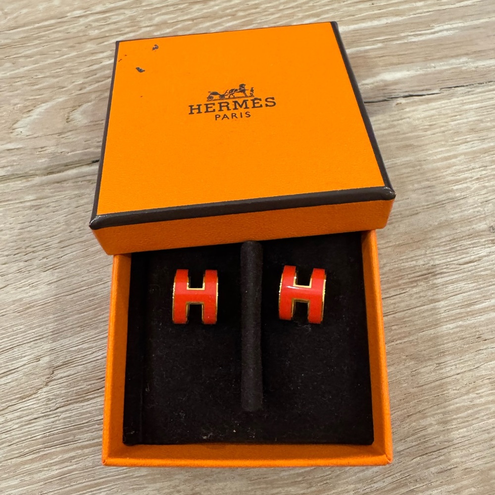 Hermes Red Enamel H Stud Earrings with Gold Trim